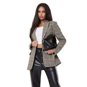 Missguided Boyfriend Plaid Blazer Houndstooth Coat Equestrian Preppy Chic Sz 4